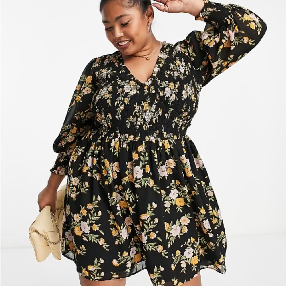 ASOS Curve Black Floral Long Sleeve Dress